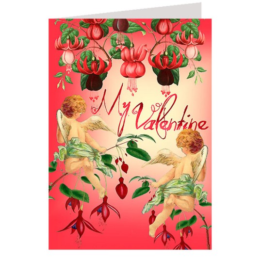 Cherubs with Fuchsias Glittered Valentine Card ~ England